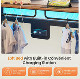Metal Bunk Bed Twin Over Twin with Hall Tree, Power Outlet, LED Bunk Bed with 4 Storage Drawers