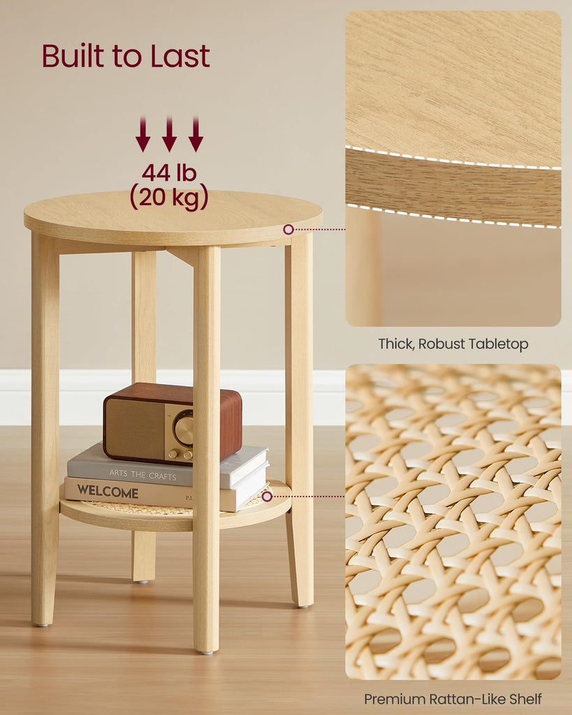 Round Side End Table, 2-Tier Boho Bedside Table with Rattan-Look