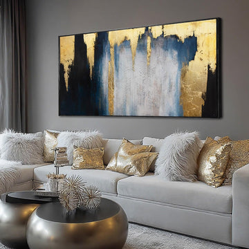 Abstract Blue and Gold Wall Art with Black Frame Modern Canvas Painting Large Artwork Bedroom Office Home