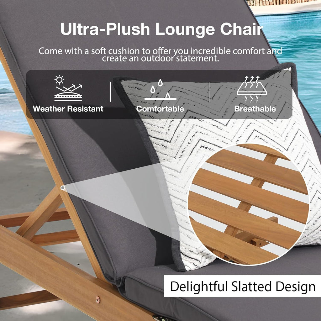 Patio Acacia Wood Chaise Lounge Chair of 2,Pool Chair, Dark Grey | Foldable Lounge Chair Recliner with Adjustable