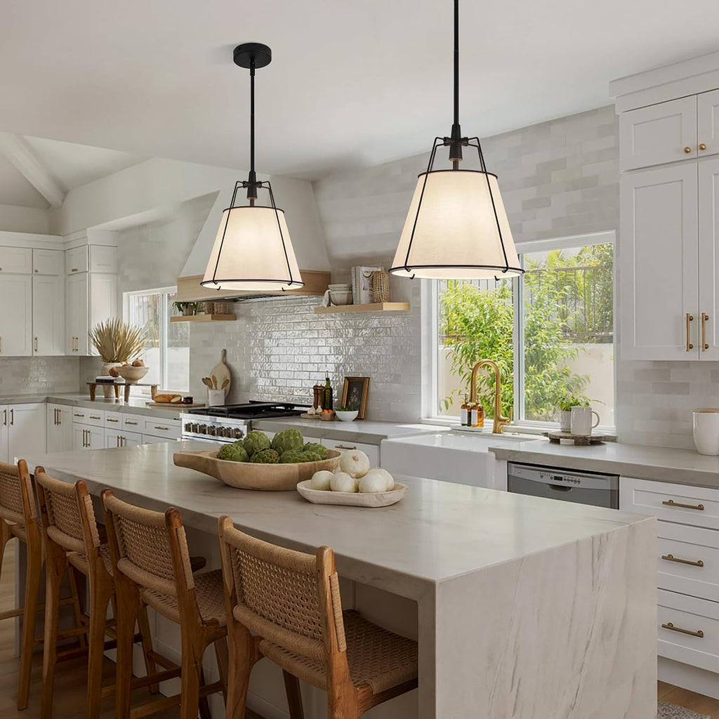 Modern Pendant Light Fixtures with 12" White Linen Fabric Shade, Adjustable Hanging Light Fixture,Drum Black Vintage