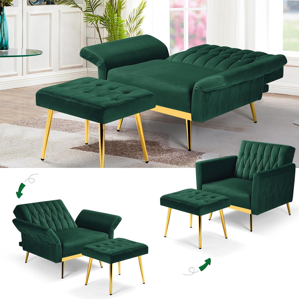 Velvet Accent Chair with Adjustable Armrests and Backrest, Button Tufted Lounge Chair, Single Recliner Armchair with