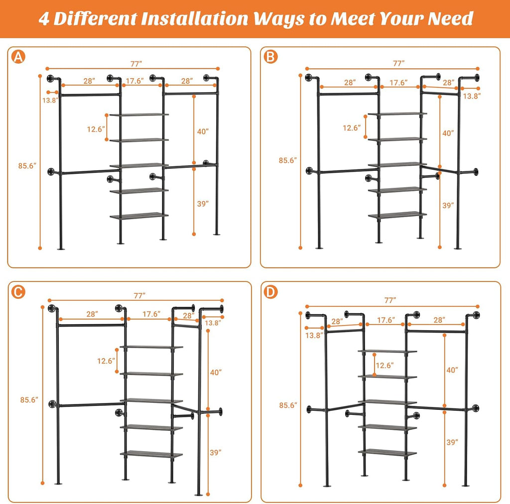 Industrial Pipe Clothing Rack, Reversible 6.42FT Clothes Rack for Hanging Clothes, Heavy Duty 5 Tier Wardrobe Closet