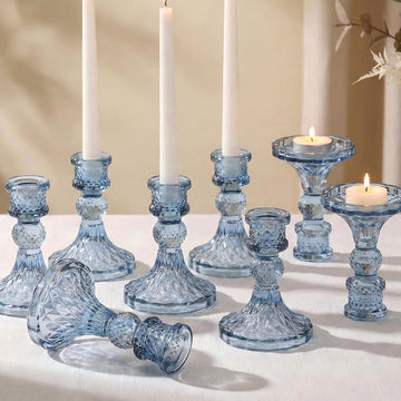 Glass Candle Holder Set of 12, Blue Taper Candle Holders Bulk, Vintage Candlestick Holders, Candle Stick Holder for