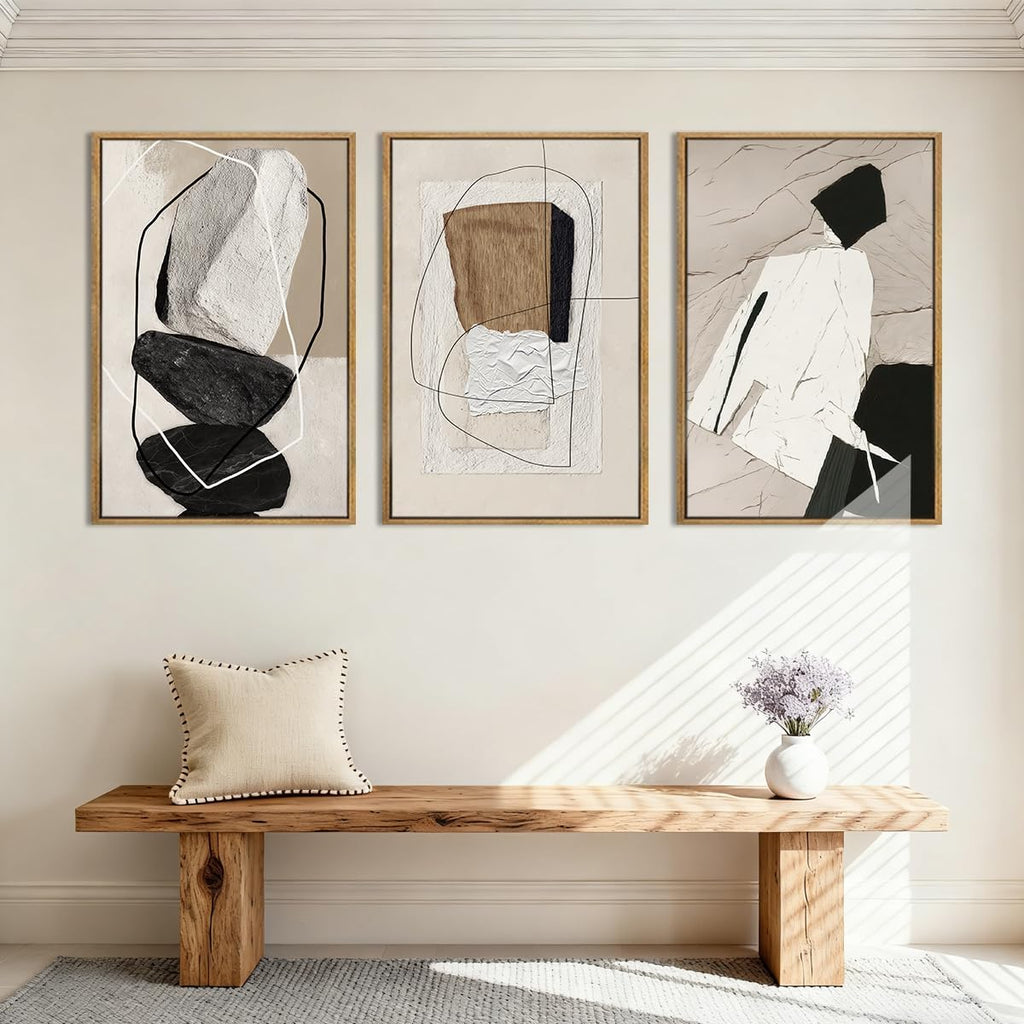 Large Abstract Wall Art Canvas,Black Beige Artwork,Neutral Modern Framed Wall Art, Minimalist Geometric