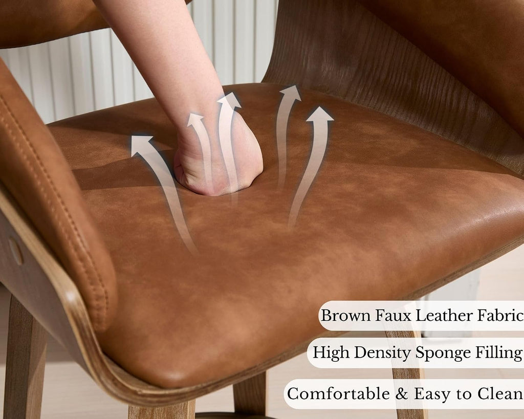 26 Inch Swivel Bar Stools with Back Set of 4, Brown Faux Leather Upholstered Counter Height Barstools with Solid