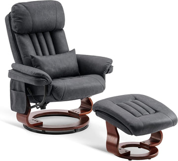 Modern Reclining Swivel Lounge Chair and Ottoman — Grey Faux Leather