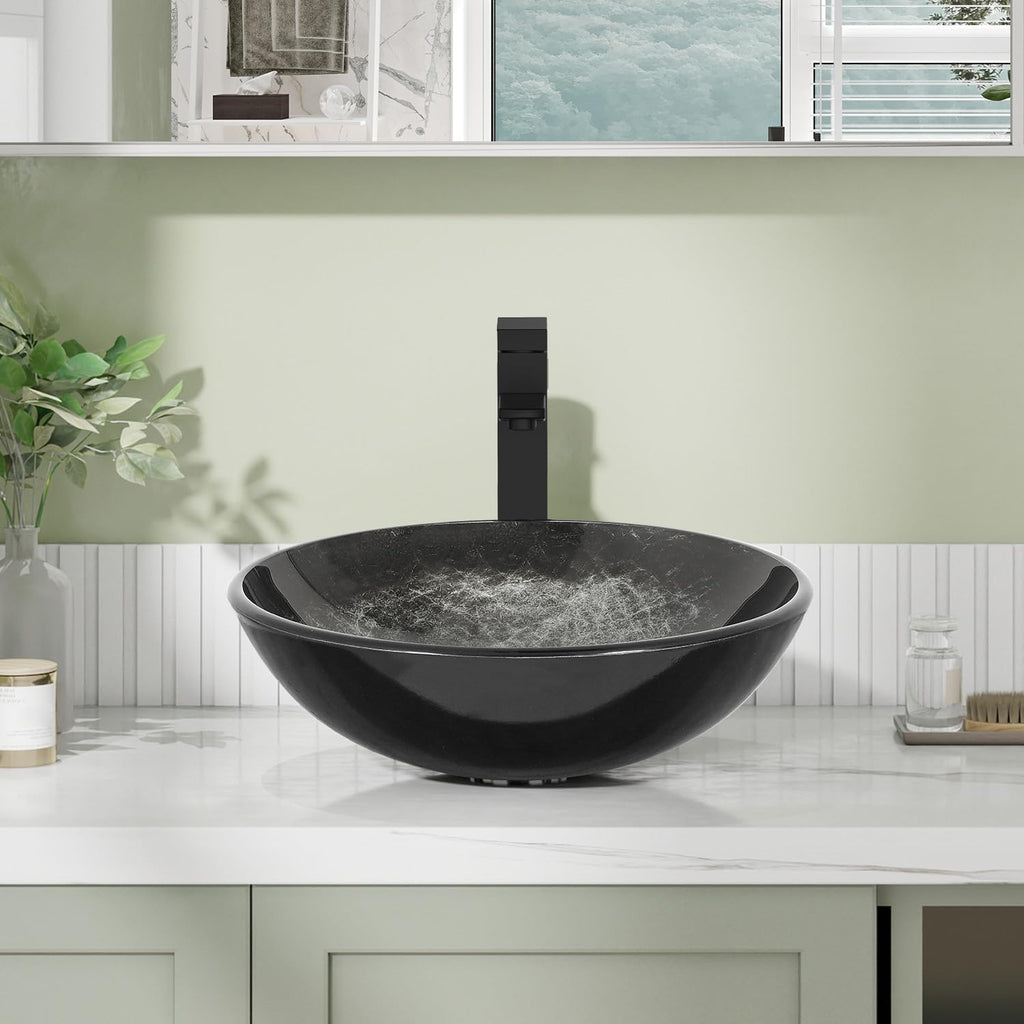 Bathroom Artistic Vessel Sink, Tempered Glass Vanity Round Bowl with Oil Rubber Bronze Faucet and Pop up drain Set