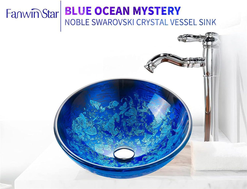Blue OceanMystery Series Tempered Deco Glass Vessel Bathroom Sink in Starry Blue | Top Mount Sinks Above Countertop |