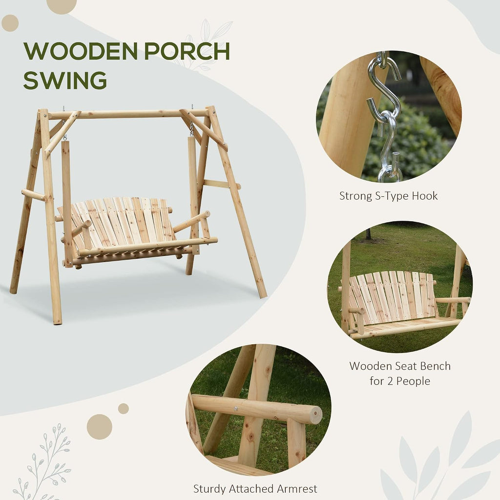 2-Seat Porch Swing w/Stand Wooden Patio Swing Chair Bench Natural | Garden, Poolside, Backyard