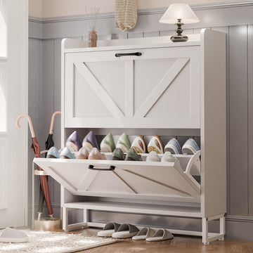 MU Shoe Storage Cabinet, Hidden Shoe Cabinet with 2 Flip Drawers, Narrow Shoe Organizer Shoe Rack Cabinet with Metal