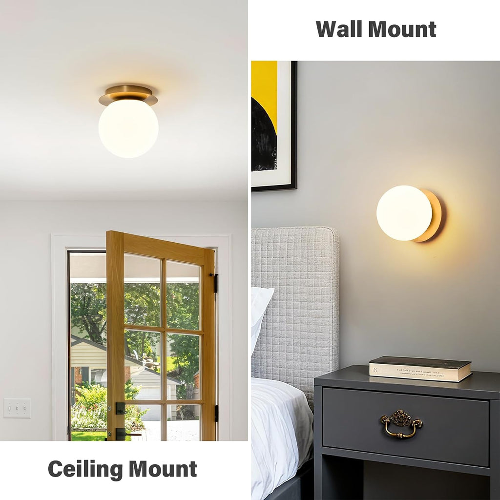 Modern Globe Brass Wall Sconce: 6" Gold Mid Century Modern Indoor Wall Mounted Lamp - Small Minimalist Frosted White