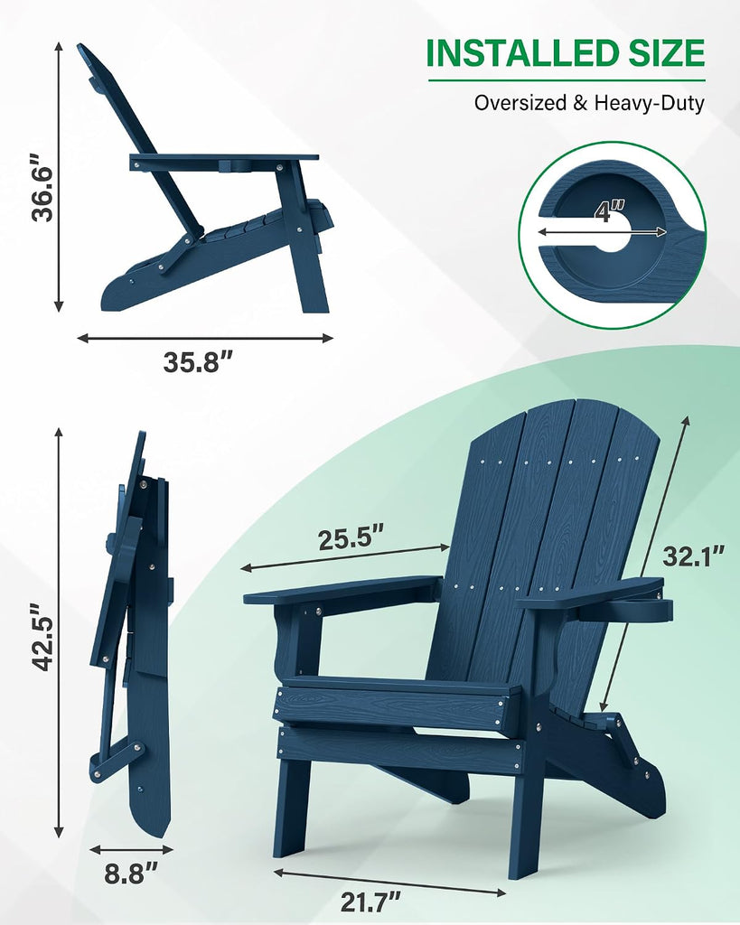 Oversized Plastic Adirondack Chair - Navy Blue | Folding Outdoor Chairs with Cup Holder, Weather Resistant for