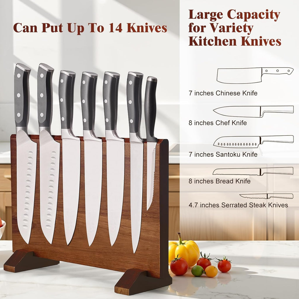 Magnetic Knife Block, Double-Sided Thick Acacia Wood Knife Holder Stand with Strong Magnets, Multifunctional Kitchen
