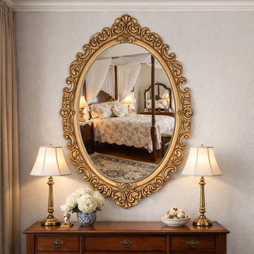 24" x 36" Vintage Gold Mirror for Wall, Antique Gold Oval Baroque Mirror with Imitation Resin Frame, Ornate