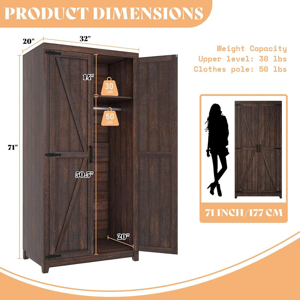 70" Large Farmhouse Wardrobe Closet with Hanging Rod & Barn Doors | Wooden Bedroom Armoires with Shelf, Organized