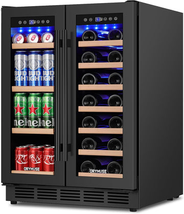 24" Dual Zone Wine & Beverage Refrigerator - Under Counter Cooler with Upgraded Cooling & Blue LED Light