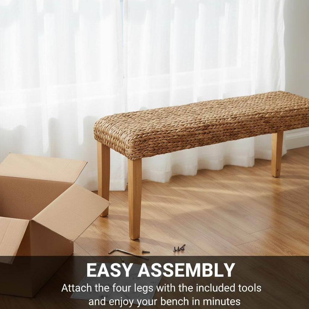 Solid Wood Acacia Indoor Bench, 47 Inch Water Hyacinth Seat, Fishbone Style | Natural Woven Seat, Living Room or
