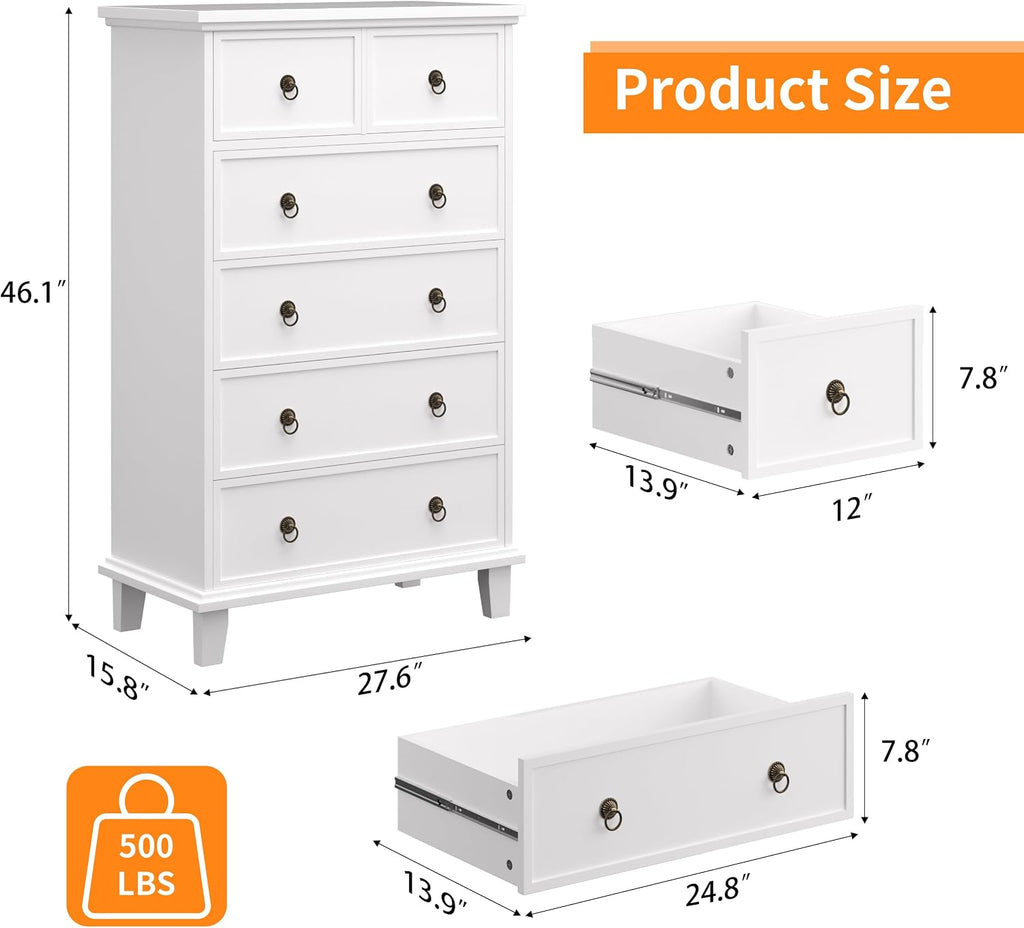 6 Drawer Tall Dresser , White Large Chest of Drawers, Modern Farmhouse 6 Drawers Storage Dresser