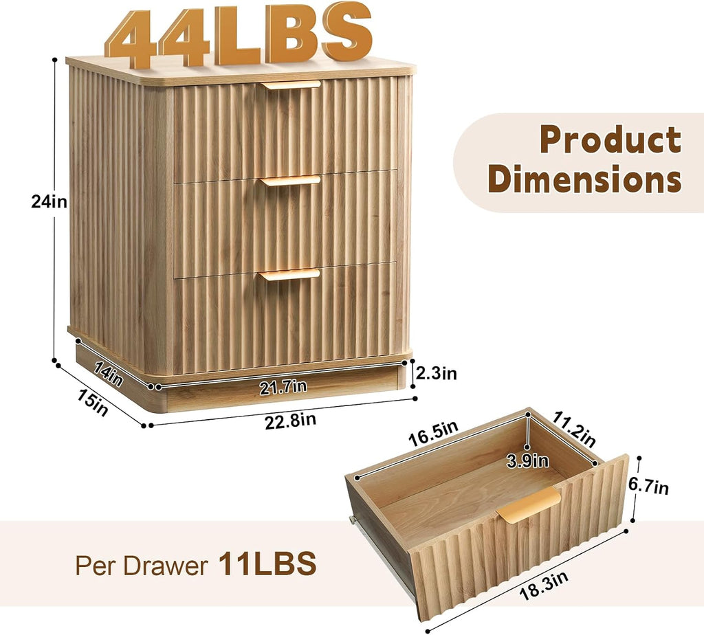 23 inch Wide Fluted Nightstand with 3 Drawers, Modern Curved Bedside Table,Wood Night Stand with Storage,End Table
