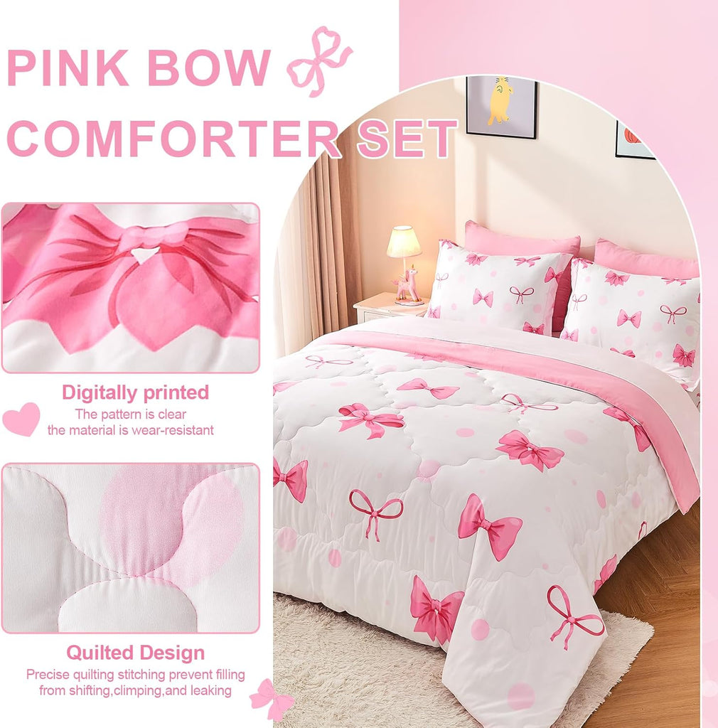 7 Piece Pink Bow Bedding Set for Girls Kids Comforter Set with Sheet and 2 Pillowcases 2 Pillow Shams Cute Girls