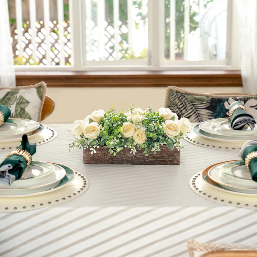 Centerpiece Table Decorations Farmhouse Table Centerpieces Decor Wood Tray with 3 Artificial Flowers and 2 Eucalyptus