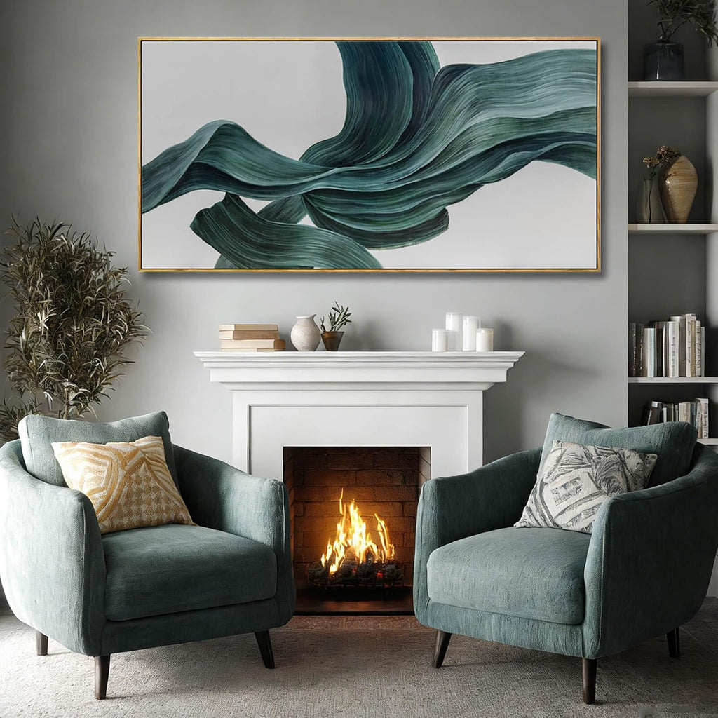 Green Abstract Canvas Wall Art, Large Framed Artwork with Wooden Frame, Pictures Wall Decor, Contemporary