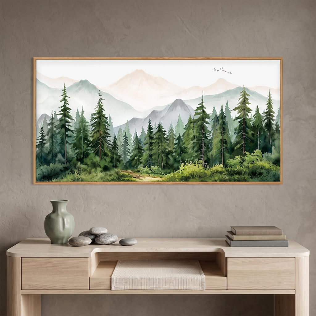 Green Forest Tree Mountain Range Framed Canvas Wall Art, Watercolor Nature Wall Decor, Woodland Nursery Wall