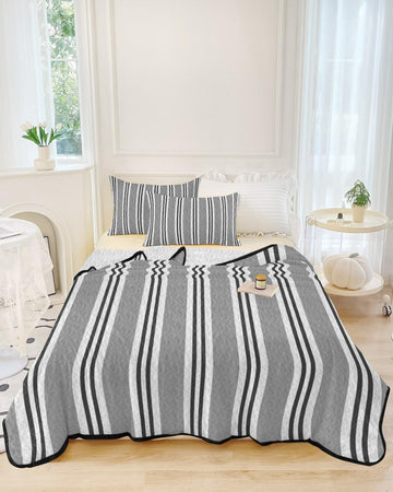 Gray Black and White Stripe Pattern Quilt Set 3 Pieces Quilted Bedspread- Soft, Neutral Ticking Stripe