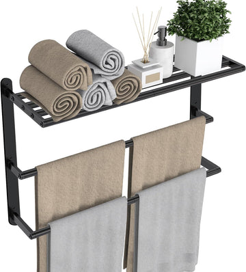 Towel Racks , 24 in Black Towel Shelf with Double Towel Bar, 3 Tier Stainless Steel Towel Storage, Bath Towel Holder
