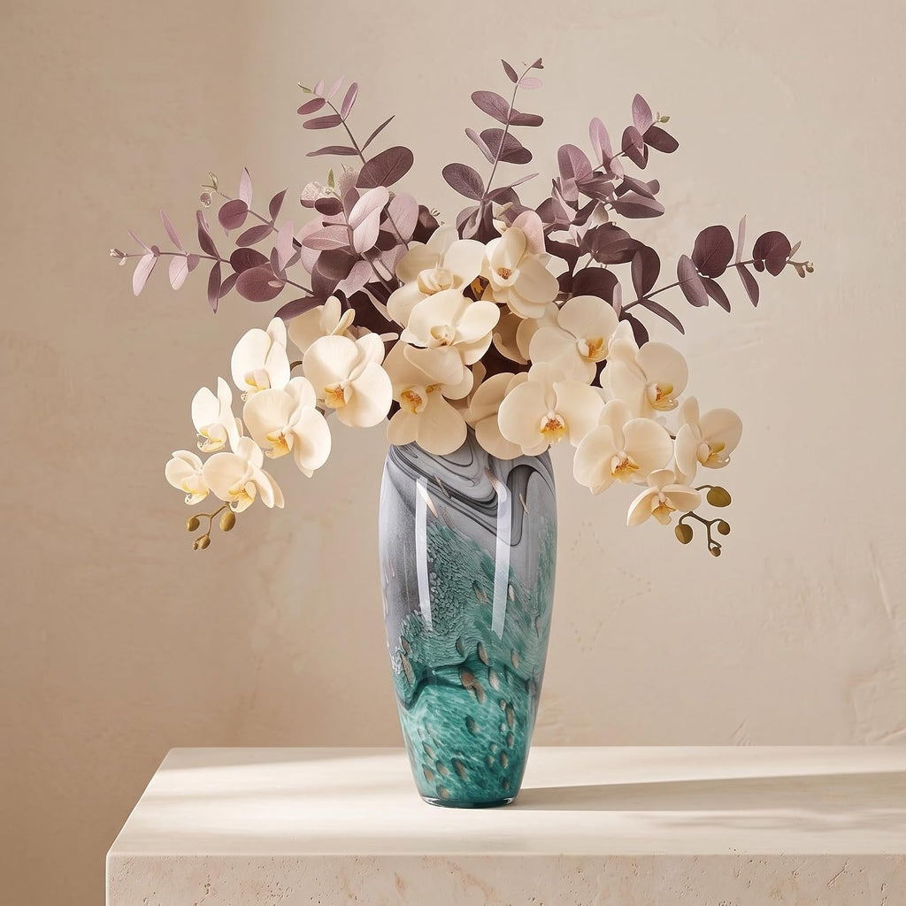 Hand Blown Glass Vase Decor with Organic Swirl Pattern, Art Glass Centerpiece for Table, Shelf or Living Room, Single