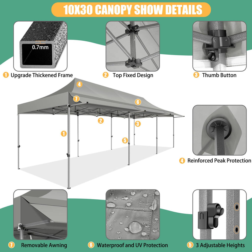 10x30 Heavy Duty Pop Up Canopy Tent with Awning, Gray