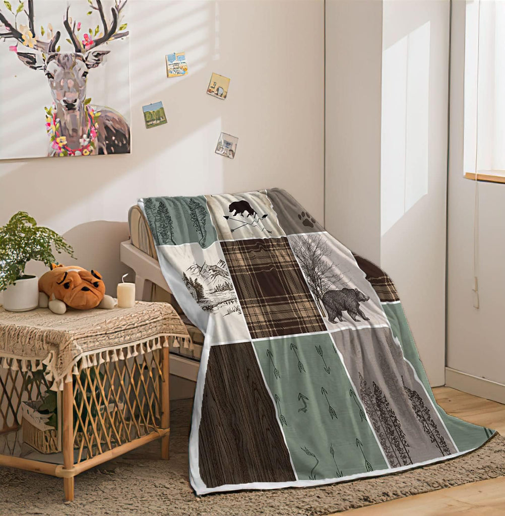 Cabin Retro Rustic Lodge Flannel Throw Blanket for Couch, Bear Deer Country Hunting Wild Animal Bed Sofa Warm