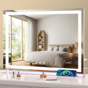 Large Lighted Vanity Mirror, 23" x 19" Light Up Make up Mirror with Smart Touch 3 Colors Dimmable, Tabletop or Wall