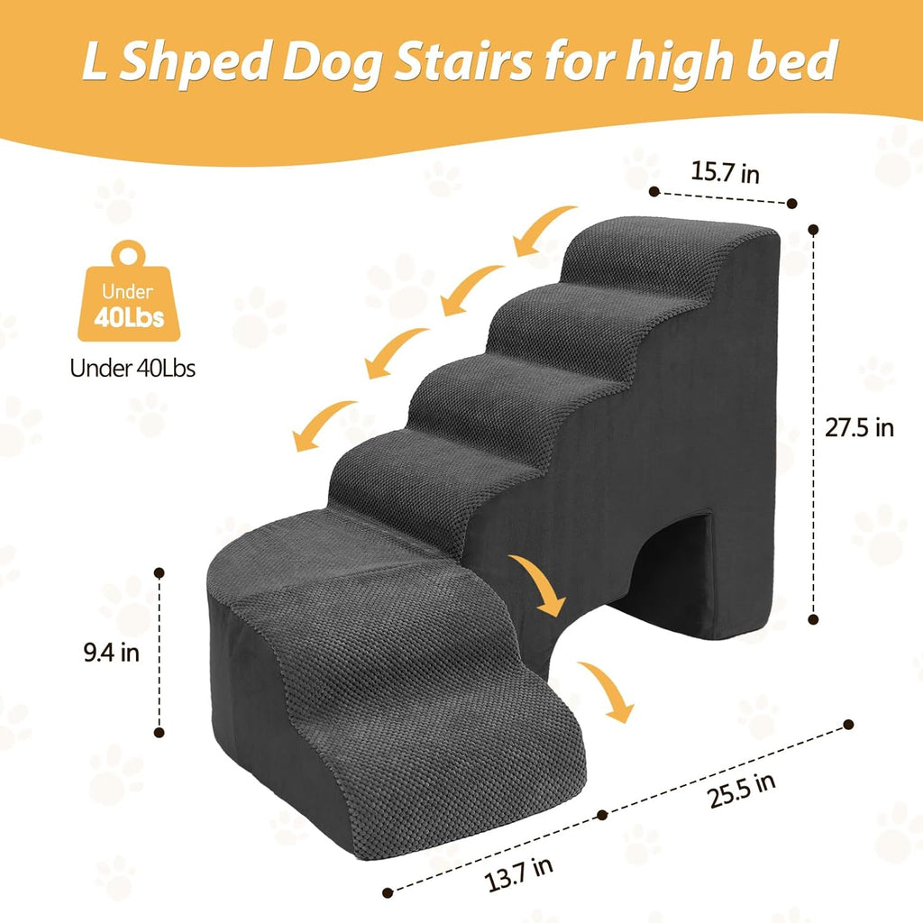 Dog Stairs for High Beds, 6 Steps Soft Foam Pet Stairs for Bed 27-30 inches, L Shaped Dog Steps