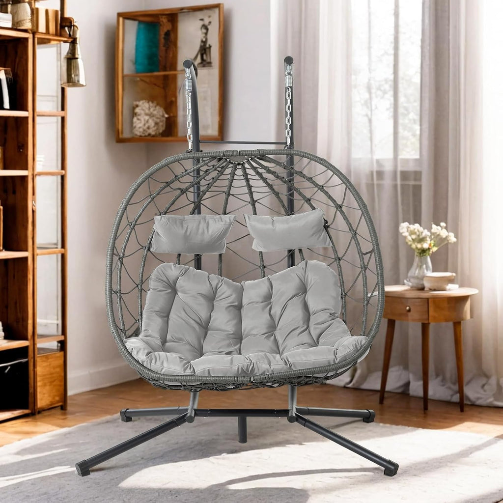 Double Egg Swing Chair with Stand, 2 Person Outdoor Indoor Hammock Hanging Chair with Cushion,Patio Wicker Hanging