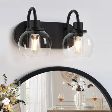 Modern 2-Light Vanity Light, Bathroom Lighting Fixture Over Mirror With Clear Glass Shade and Metal Base, Matte Black