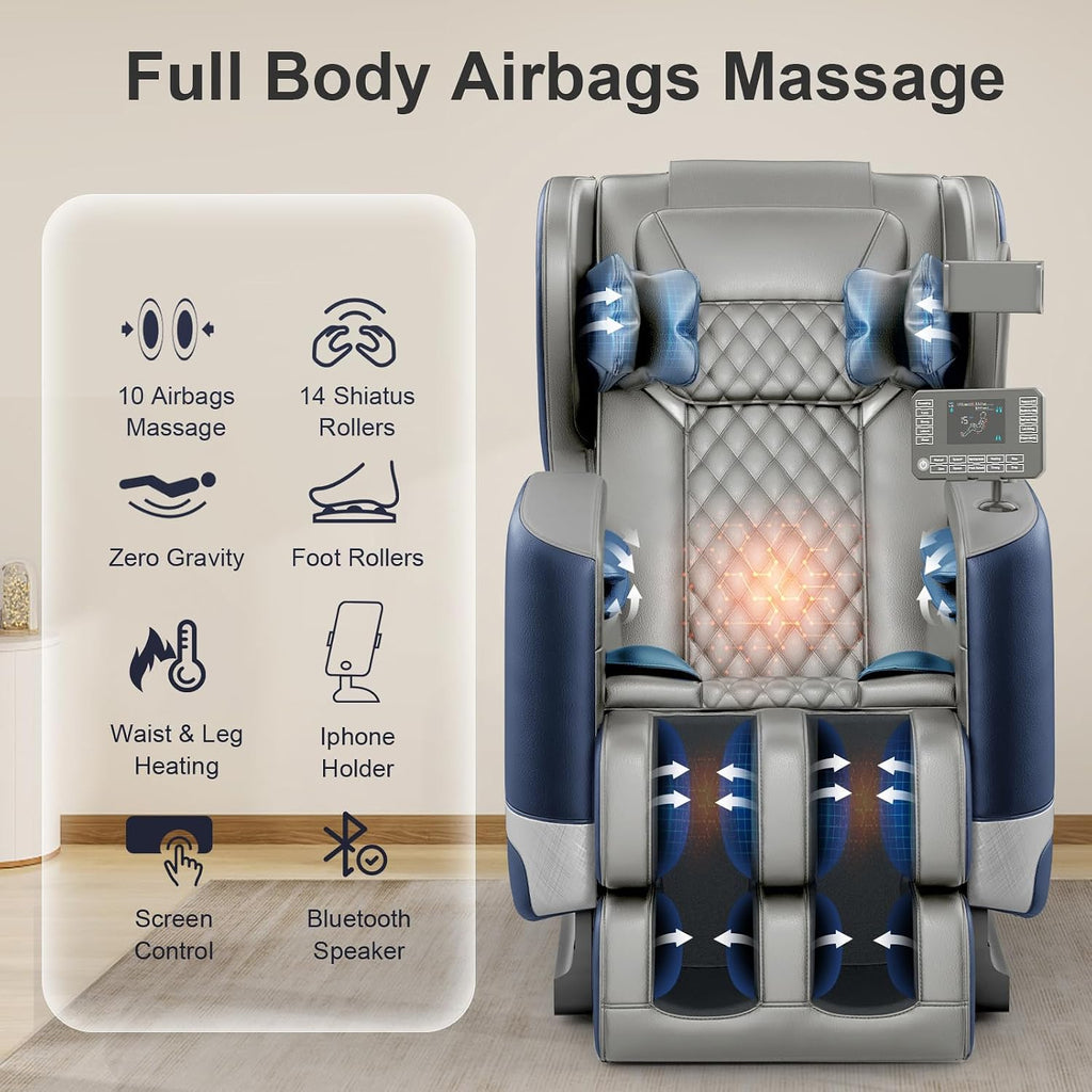 Massage Chair Full Body Zero Gravity Recliner, 2026 Blue Leather | 14 Shiatsu Rollers, 10 Airbags, 5 Auto Modes