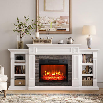 72" Electric Fireplace with Mantel and Cabinets, Fireplace TV Stand for Living Room Bedroom, Stacked Stone Surround
