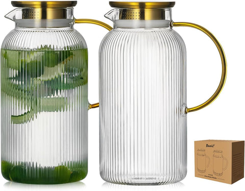 2 PACK Glass Pitcher with Lid, 68 oz/ 2L Classic Vertical Stripes Water Pitcher with Handle,Glass Water Carafe for