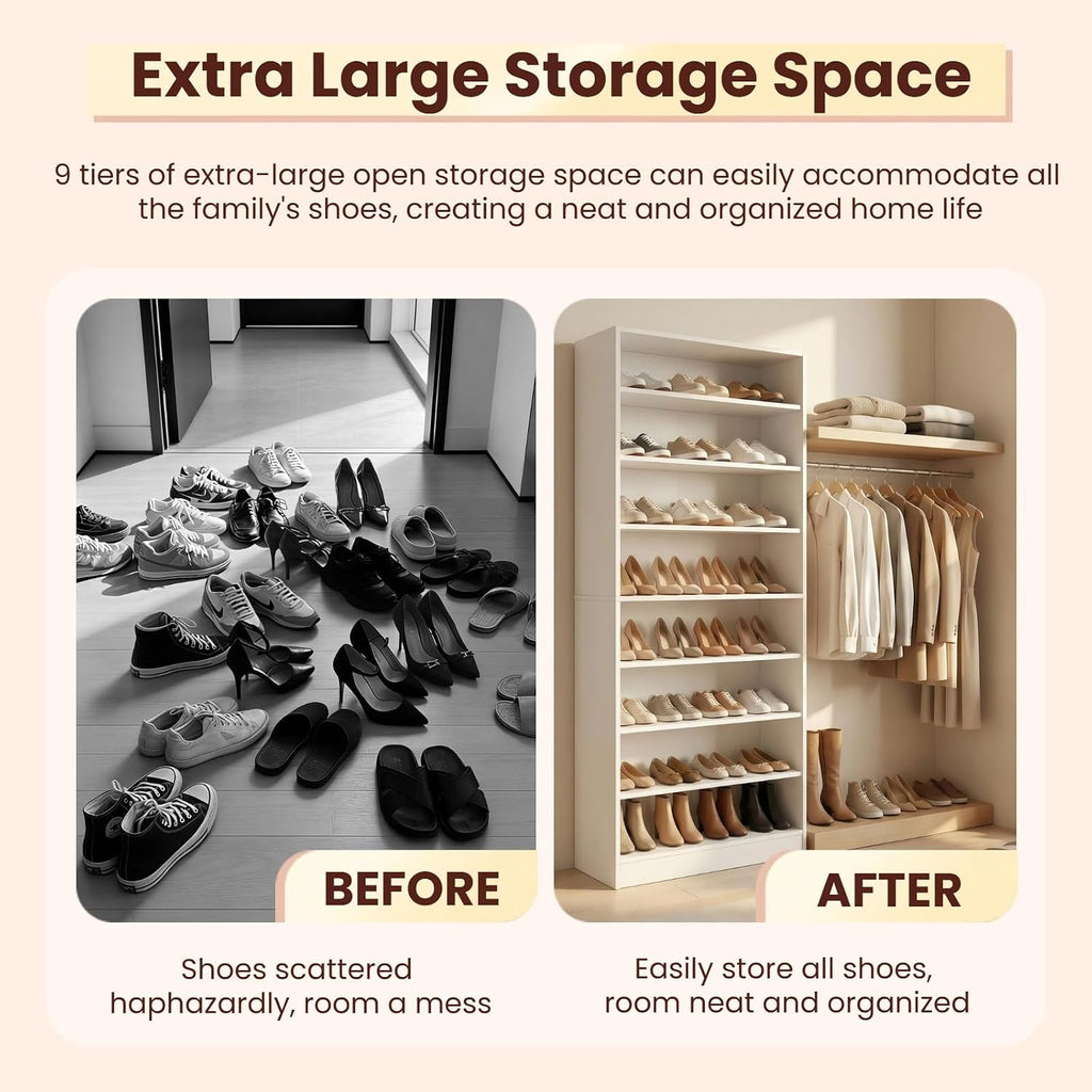 71 Inch Tall 9 Tier Shoe Cabinet, Wood Shoe Storage Cabinet, Heavy Duty Shoes Rack with Adjustable Shelves & Open