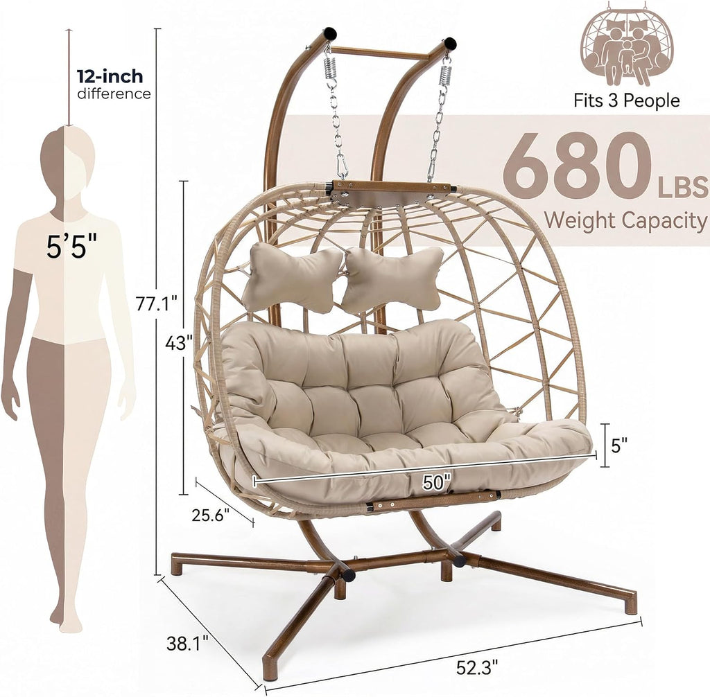 Double with Stand, Extra Large 2 Person Indoor Outdoor Wicker Loveseat, Oversized Patio Hanging Basket Chair with