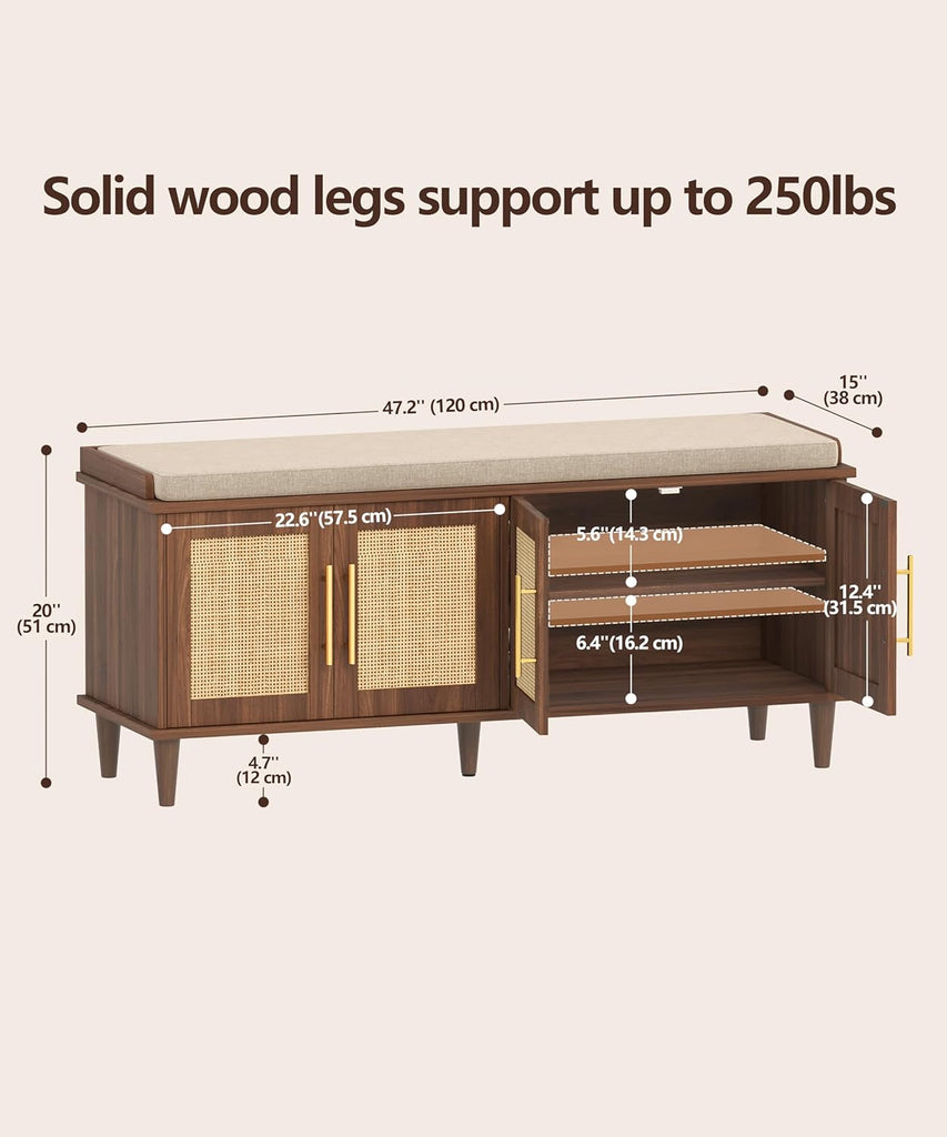 Rattan Shoe Storage Bench with Cushion, 2-Tier Entryway Bench with Adjustable Shelves and 4 Doors, 15" D x 47.2" W x