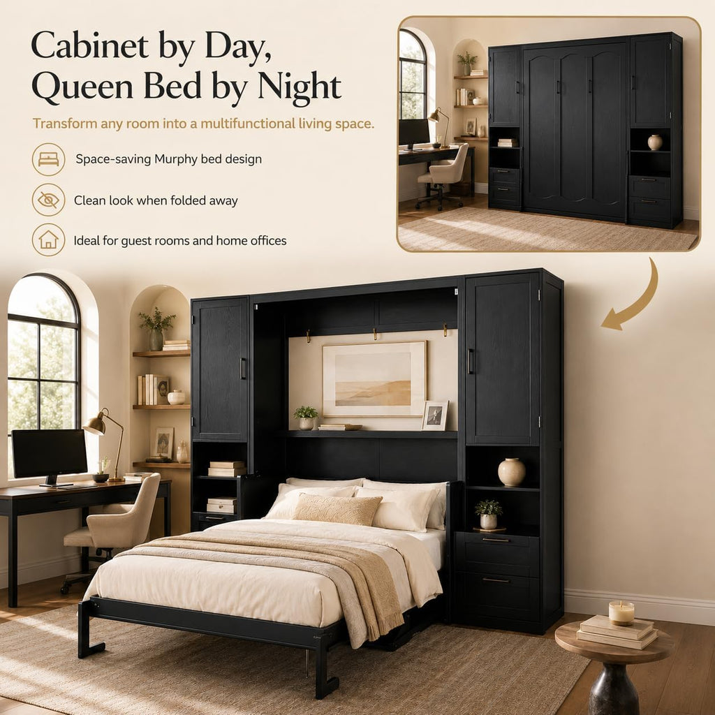 Queen Murphy Bed Cabinet with Desk & Storage, Wall Bed Cabinet Bed with Closet, Drawers and Shelves, Hidden Folding