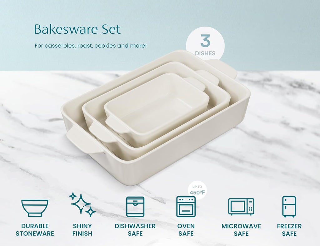 Ceramic Bakeware Set, Rectangular Dishes, For Casseroles, Lasagna, Cake, Small, Medium & Large Pans, Microwave &