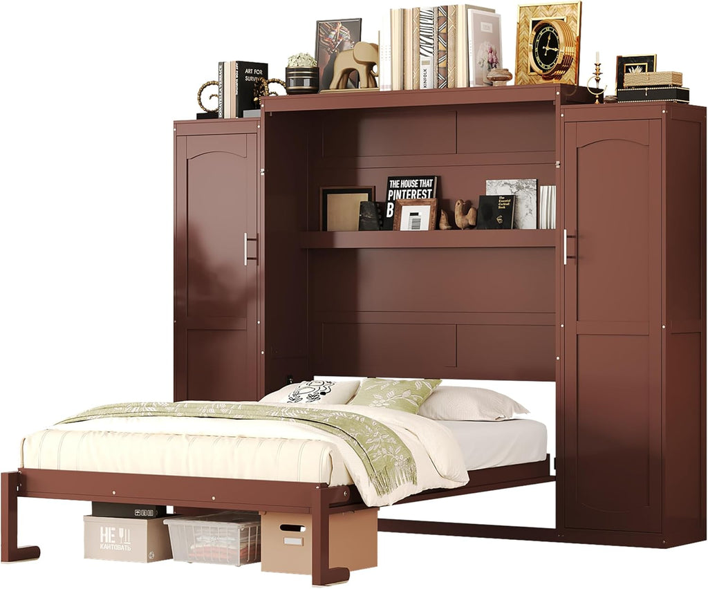 Full Vertical Murphy Bed with Wardrobe,Cabinet,and Storage Shelves,Wood Foldable Hidden Murphy Wall Bed for Adults