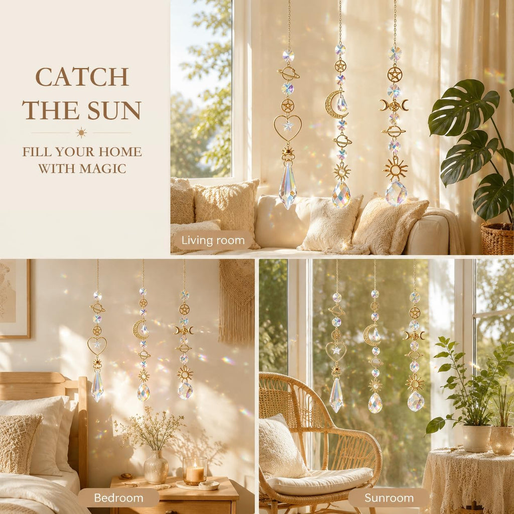 3-Pack Prism Suncatchers for Windows with Chain, Crystal Suncatcher Rainbow Maker