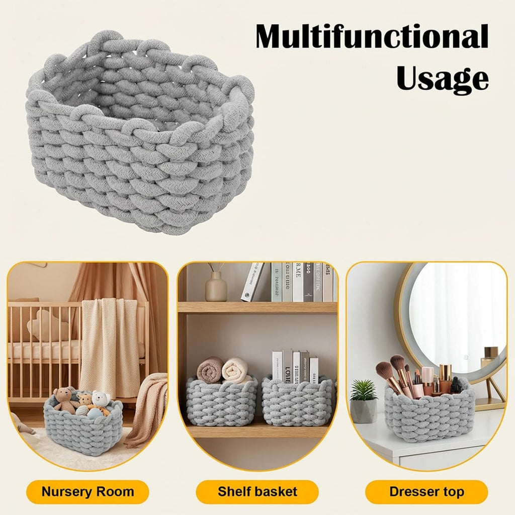 Small Woven Decorative Baskets, 4pcs Mini Cotton Rope Basket Set for Storage, Woven Square Baskets for Organizing