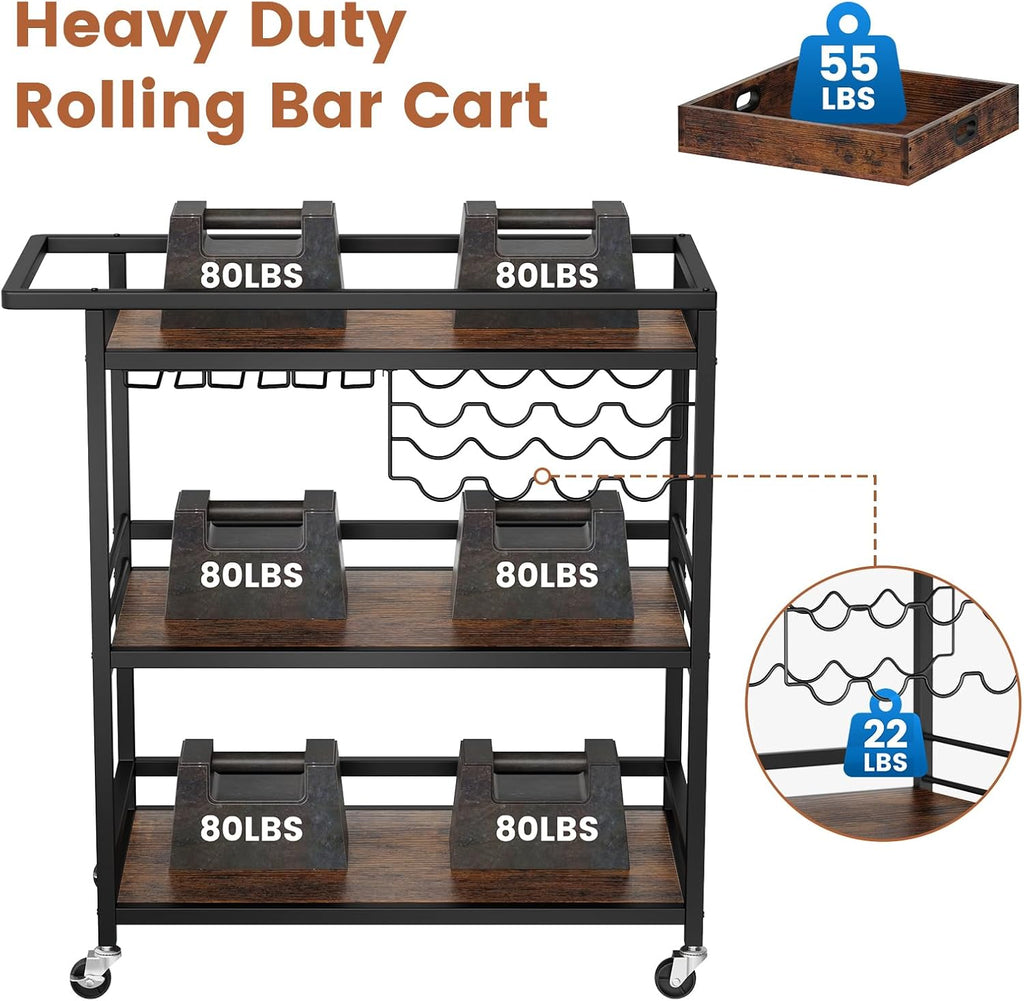 Bar Cart , 3 Tier Rolling Serving Carts with Wheels | Drink Cart, Liquor Stand with Removable Tray, Wine Rack and