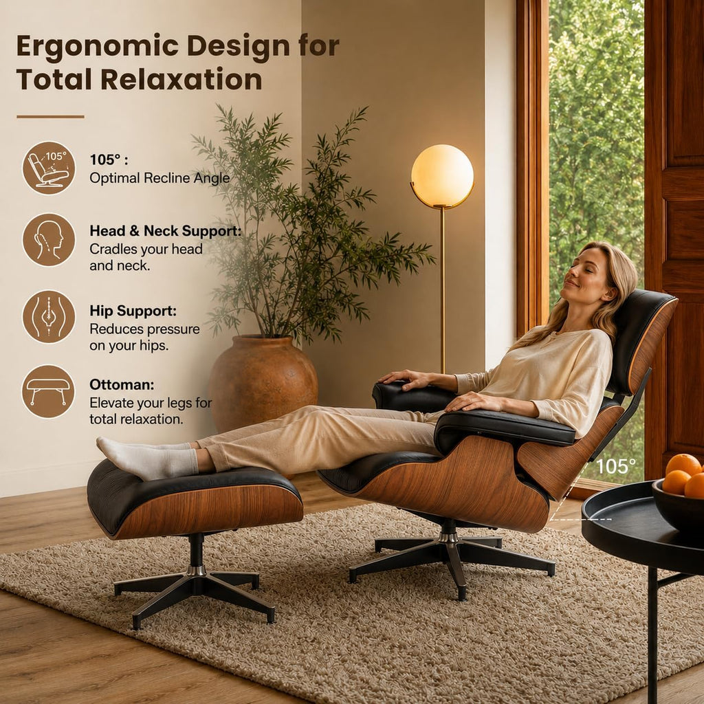 Modern Reading Chair and Ottoman — Walnut Leather